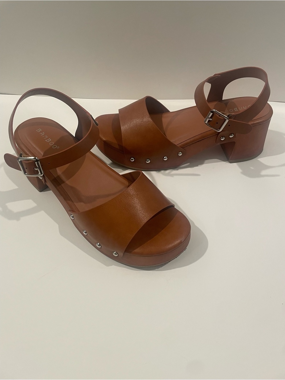 BAMBOO Tan Brown Studded Block Heel Sandals